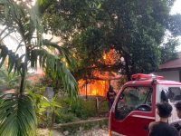 Petugas pemadam kebakaran memadamkan rumah kayu yang terbakar di Gang Pahlawan Palangka Raya