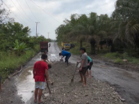 Warga dan sopir menimbun jalan rusak di ruas Trans Kalimantan Desa Hajak, Kabupaten Barito Utara