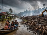 Kawasan hutan Kalimantan yang mengalami deforestasi akibat ekspansi perkebunan, pertambangan, dan industri kehutanan