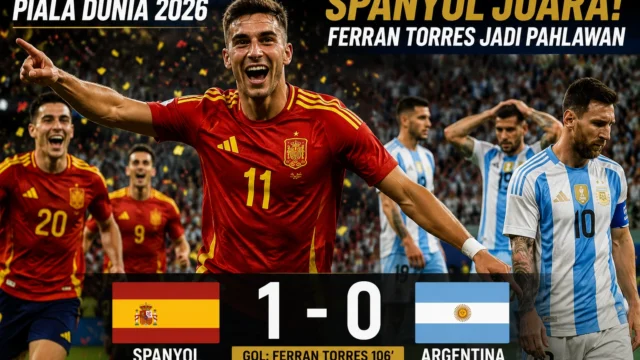 Ferran Torres merayakan gol kemenangan Spanyol pada final Piala Dunia 2026 melawan Argentina.
