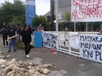 Demo Jilid II PLN Palangka Raya massa melempar bangkai ayam sebagai simbol kerugian akibat pemadaman listrik.